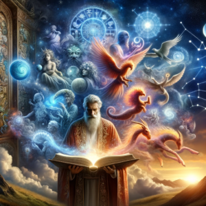 Mythopoesis Mage reading from a book with mythological characters in the background Midjourney